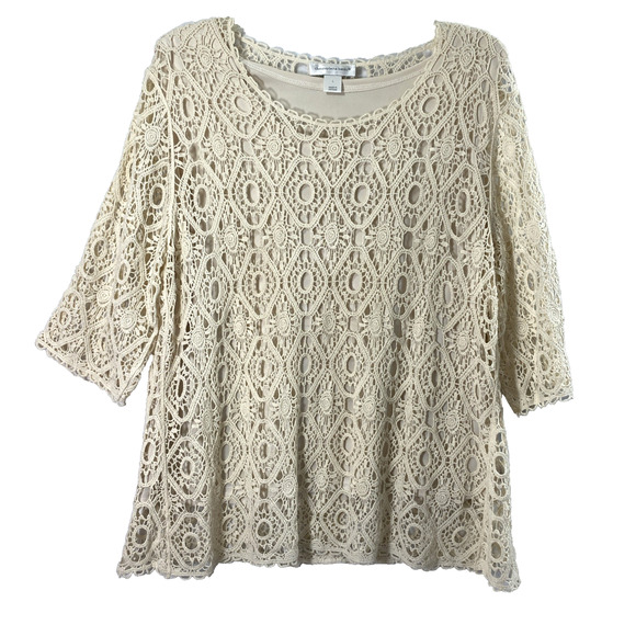 Christopher & Bank Open Crochet Top Womens Large Beige Bohemian Blouse - Picture 1 of 9